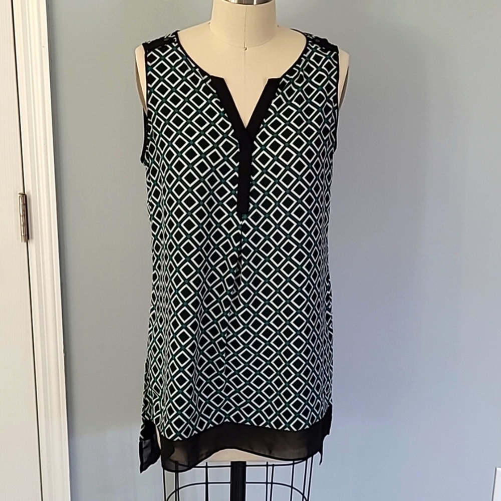 Green, White & Black Sleeveless Top, Size XS, Geometric Diamond Design